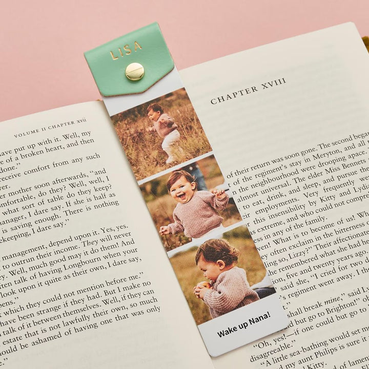 Marque-page en métal avec bande photo personnalisée en cuir pour maman, papa et la famille