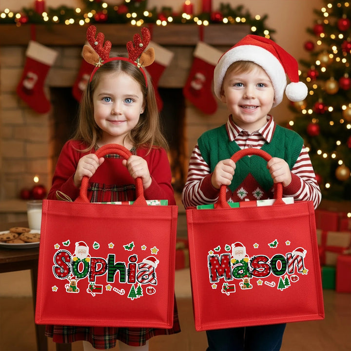 Grand sac fourre-tout en jute personnalisé avec le nom de l'alphabet du Père Noël pour Noël