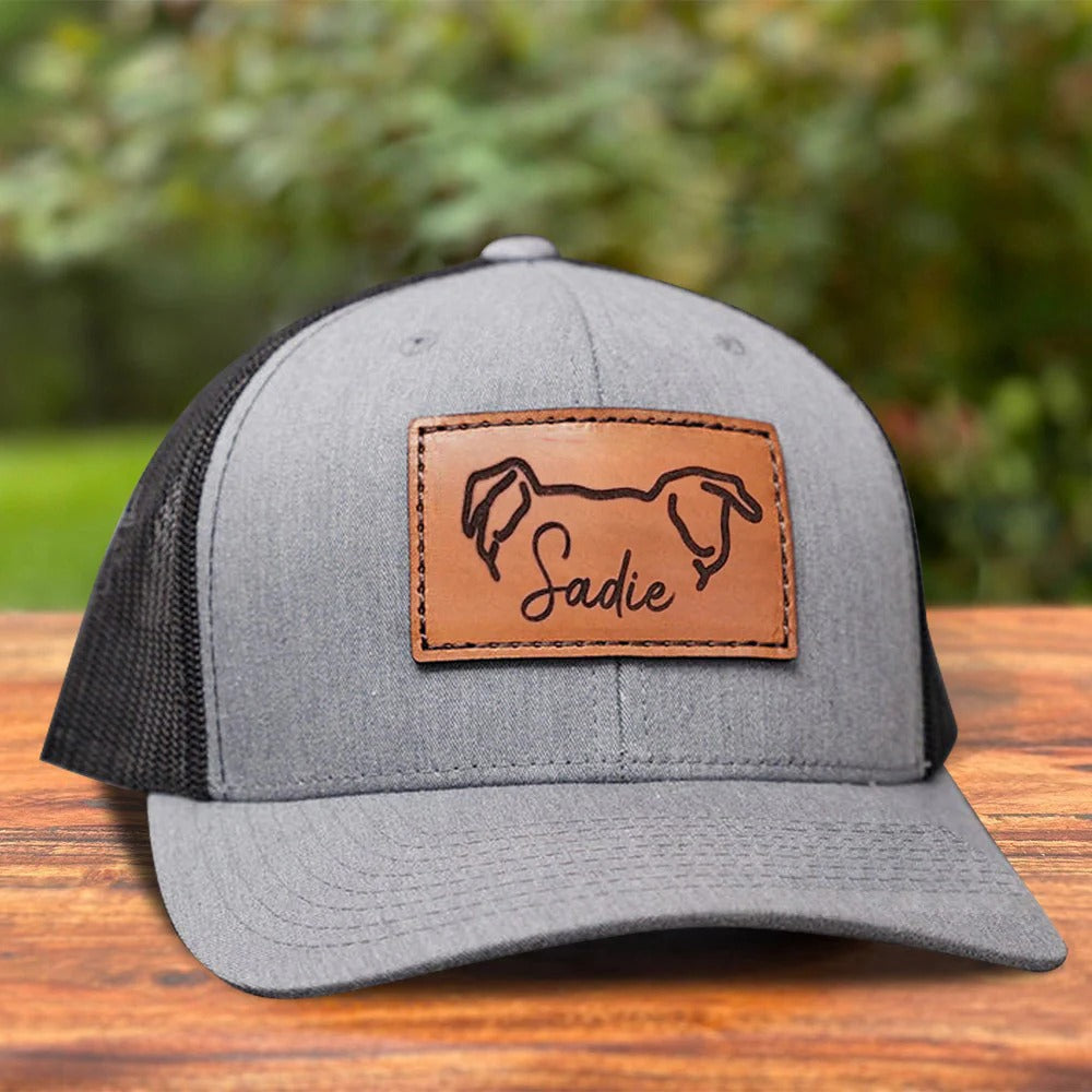 Casquette de camionneur en cuir avec portrait d'animal personnalisé, oreilles et nom d'animal