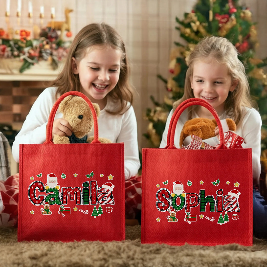 Grand sac fourre-tout en jute personnalisé avec le nom de l'alphabet du Père Noël pour Noël