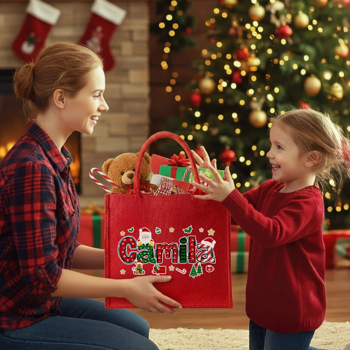 Grand sac fourre-tout en jute personnalisé avec le nom de l'alphabet du Père Noël pour Noël