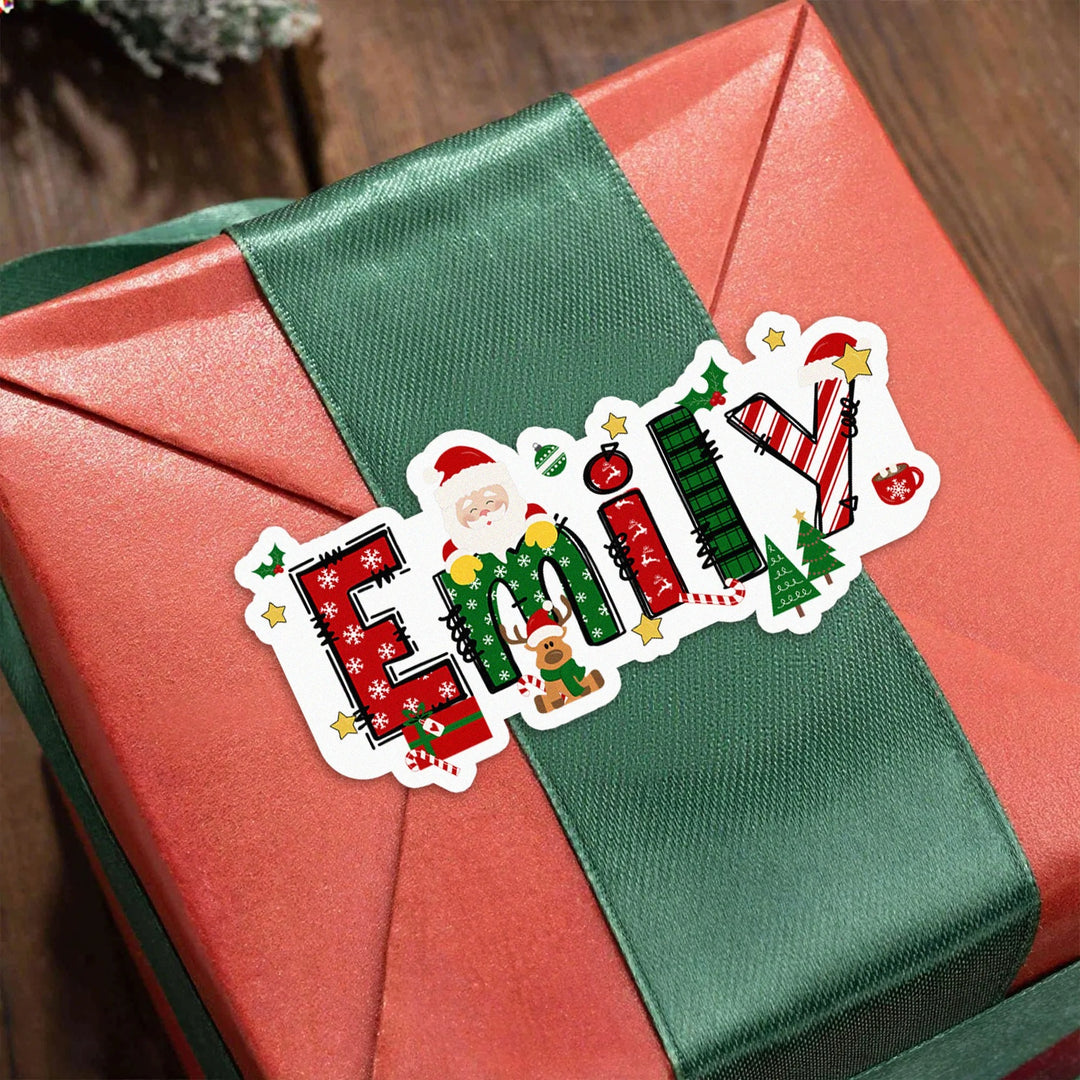 Étiquettes autocollantes imperméables personnalisées avec motif Père Noël et élan, avec nom, pour décoration de Noël