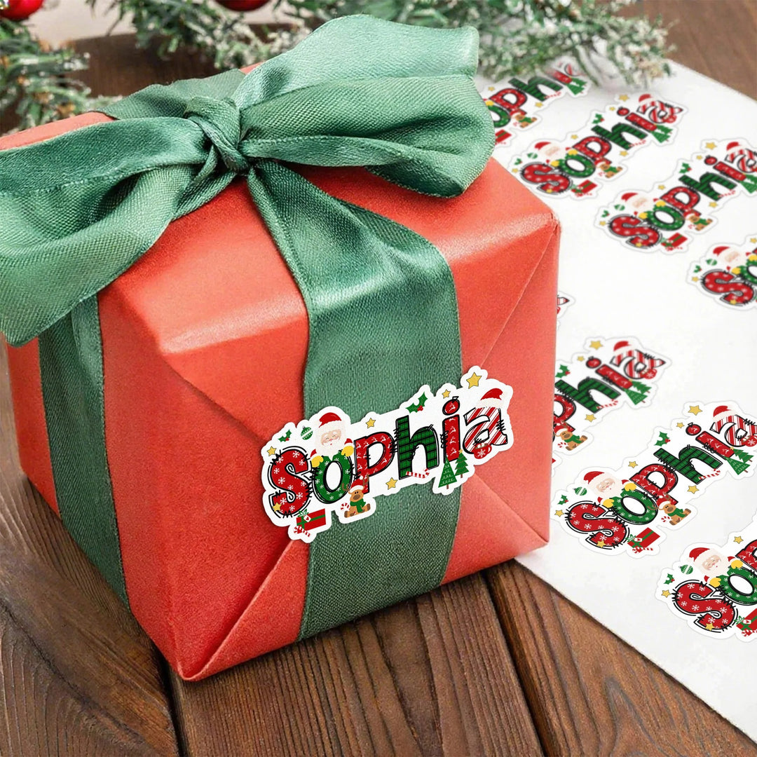 Étiquettes autocollantes imperméables personnalisées avec motif Père Noël et élan, avec nom, pour décoration de Noël