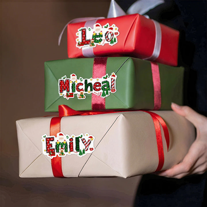 Étiquettes autocollantes imperméables personnalisées avec motif Père Noël et élan, avec nom, pour décoration de Noël