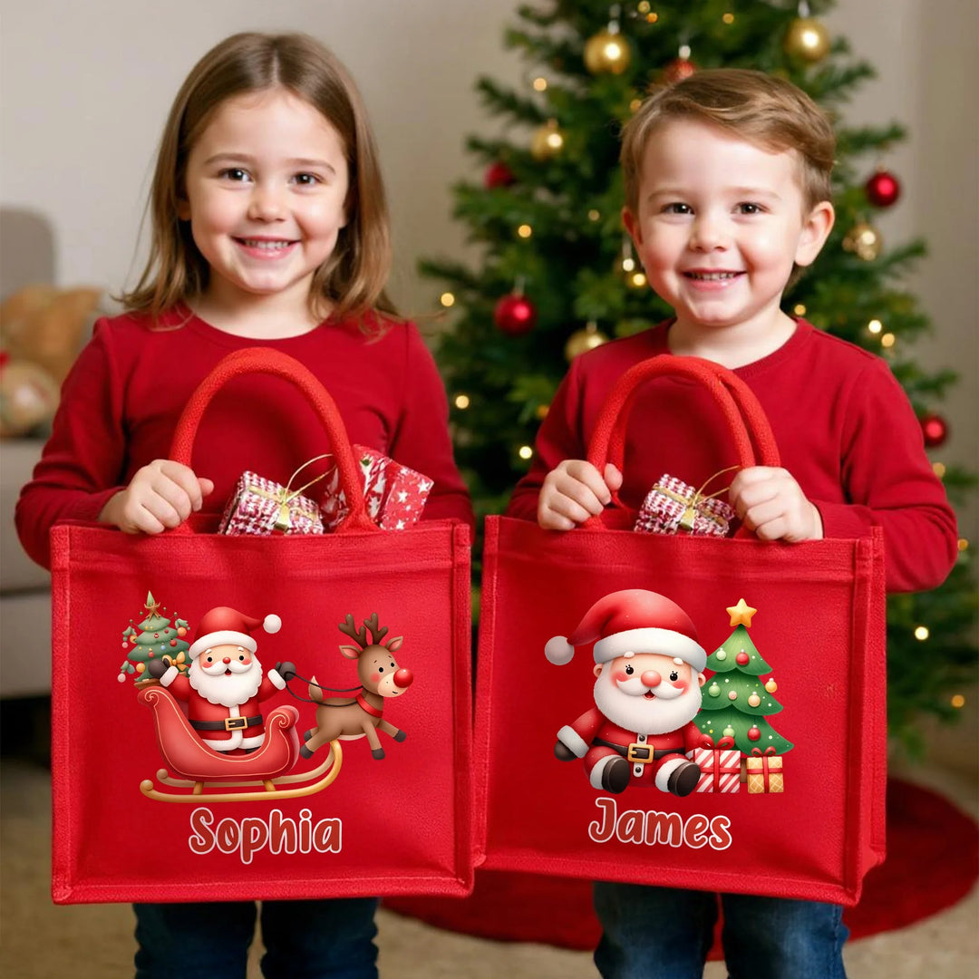 Grand sac fourre-tout en jute rouge personnalisé avec le nom du Père Noël