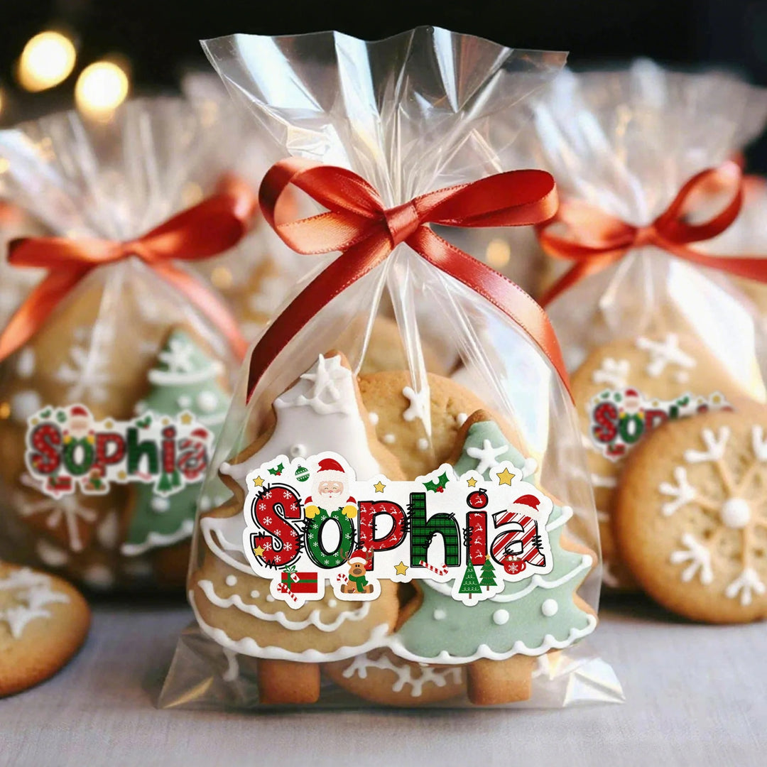Étiquettes autocollantes imperméables personnalisées avec motif Père Noël et élan, avec nom, pour décoration de Noël