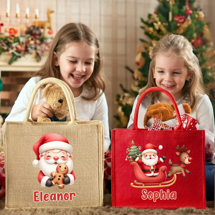 Grand sac fourre-tout en jute rouge personnalisé avec le nom du Père Noël