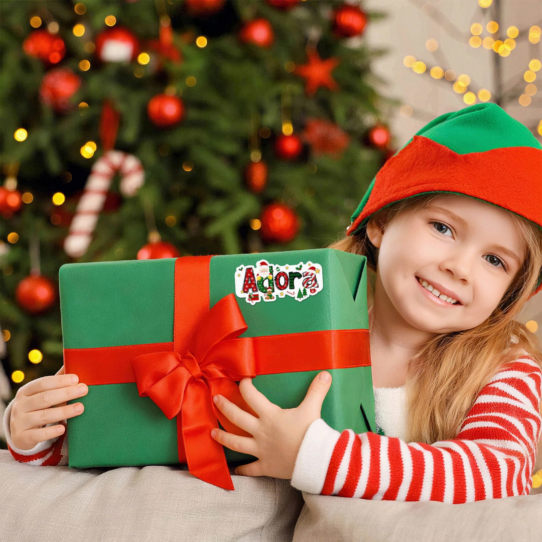 Étiquettes autocollantes imperméables personnalisées avec motif Père Noël et élan, avec nom, pour décoration de Noël