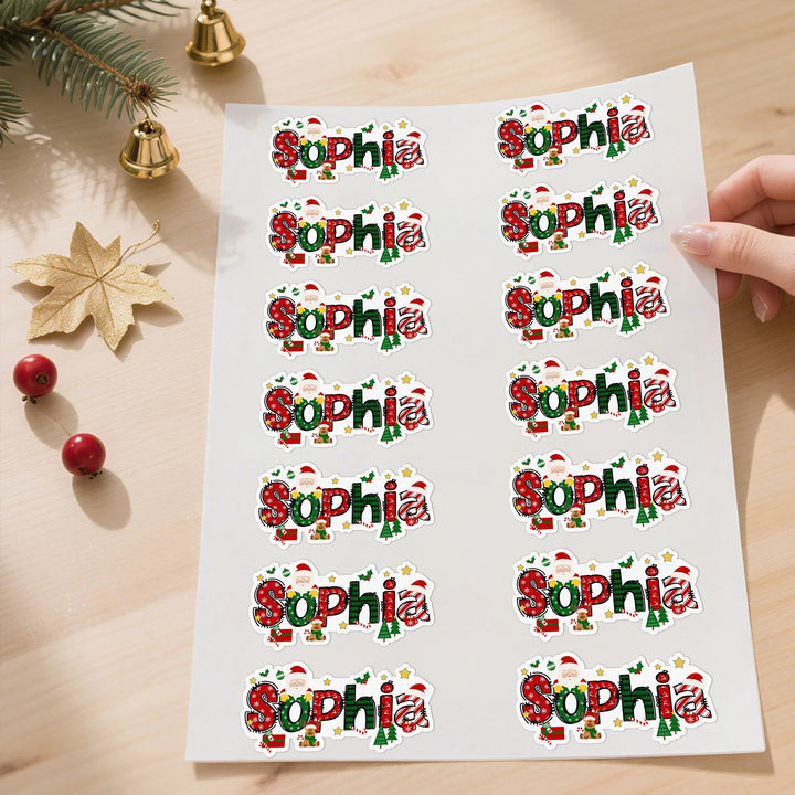 Étiquettes autocollantes imperméables personnalisées avec motif Père Noël et élan, avec nom, pour décoration de Noël