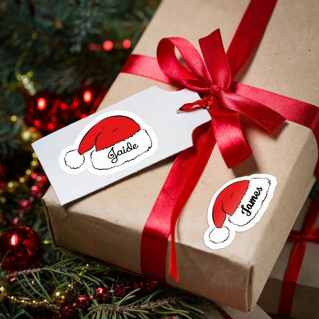 Autocollants imperméables personnalisés en forme de chapeau de Père Noël mignon avec nom, décoration cadeau de Noël