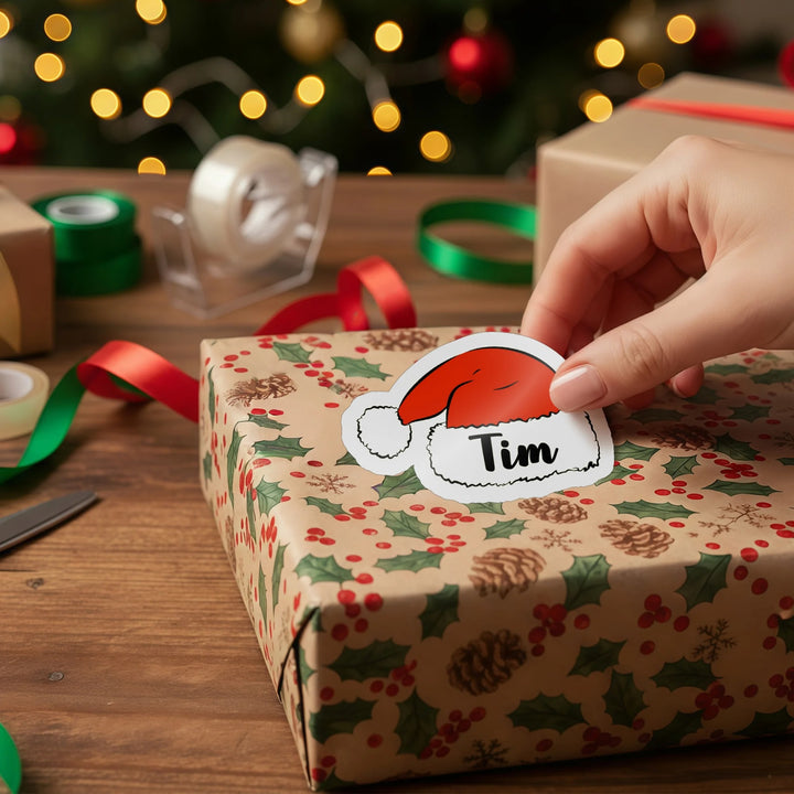 Autocollants imperméables personnalisés en forme de chapeau de Père Noël mignon avec nom, décoration cadeau de Noël