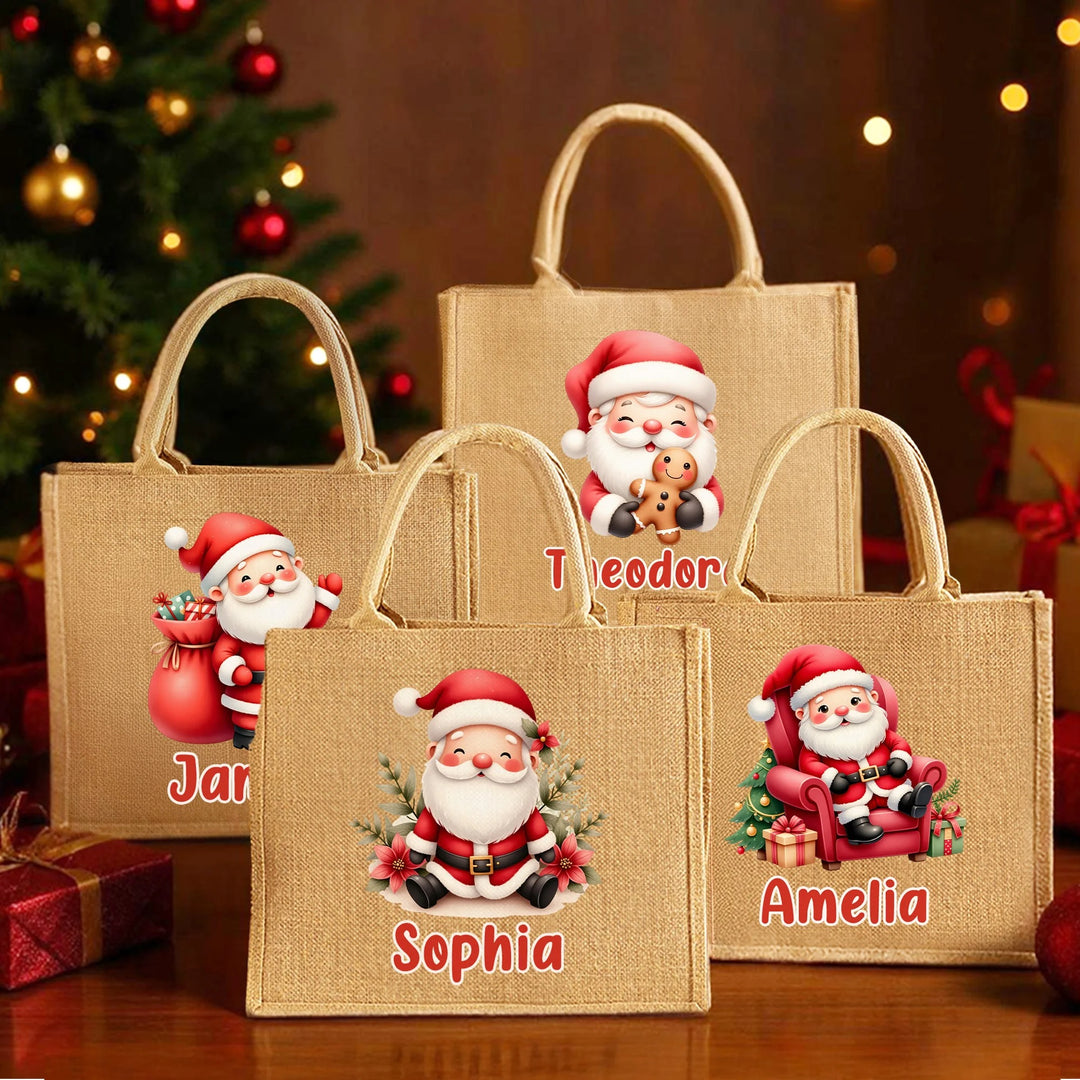 Grand sac fourre-tout en jute rouge personnalisé avec le nom du Père Noël