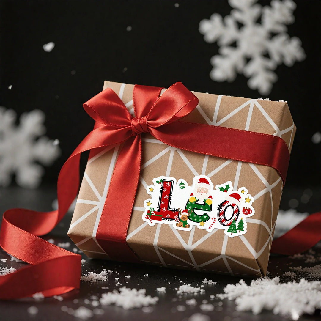 Étiquettes autocollantes imperméables personnalisées avec motif Père Noël et élan, avec nom, pour décoration de Noël