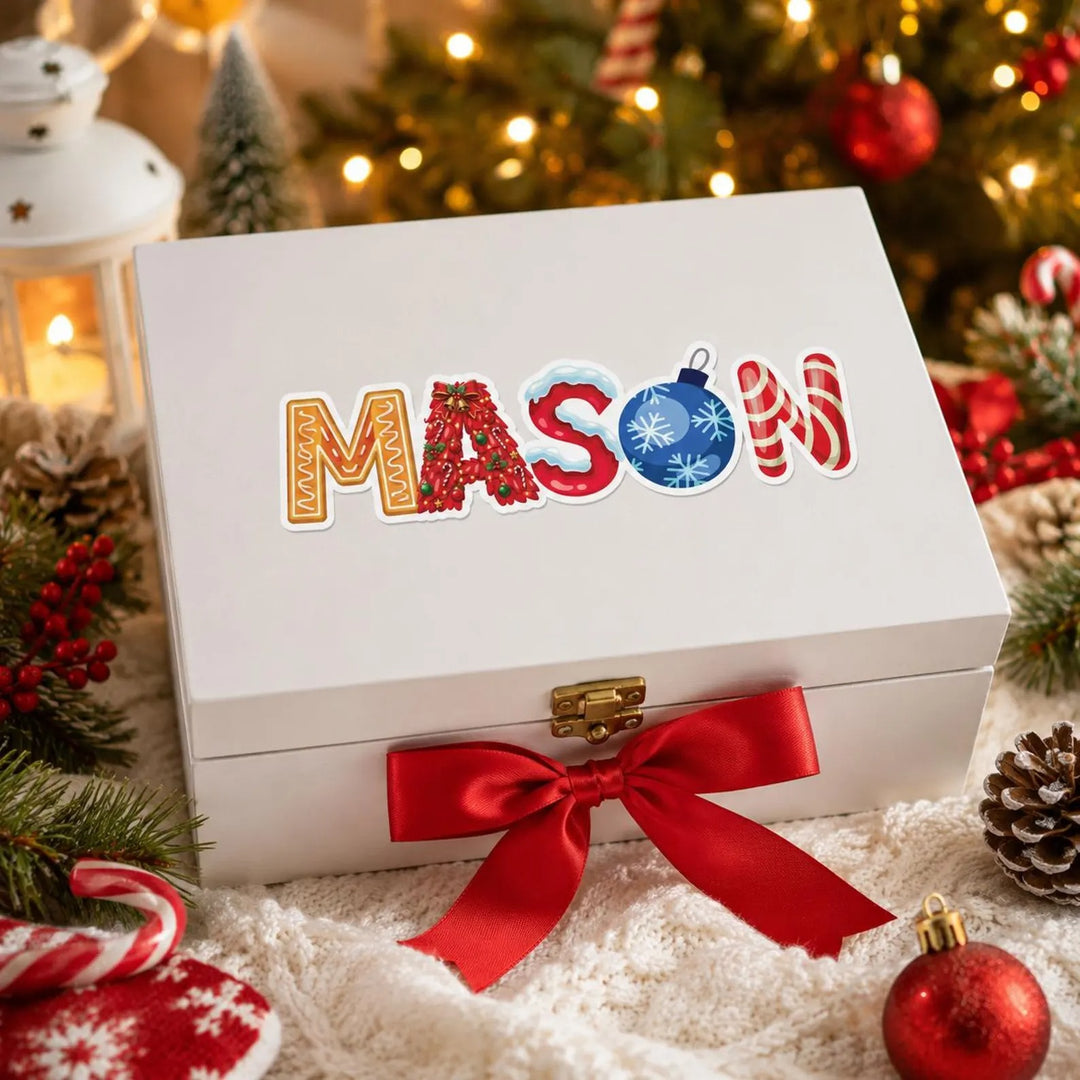 Autocollant de Noël personnalisé avec prénom – Sticker décoratif pour cadeaux et chaussettes de Noël