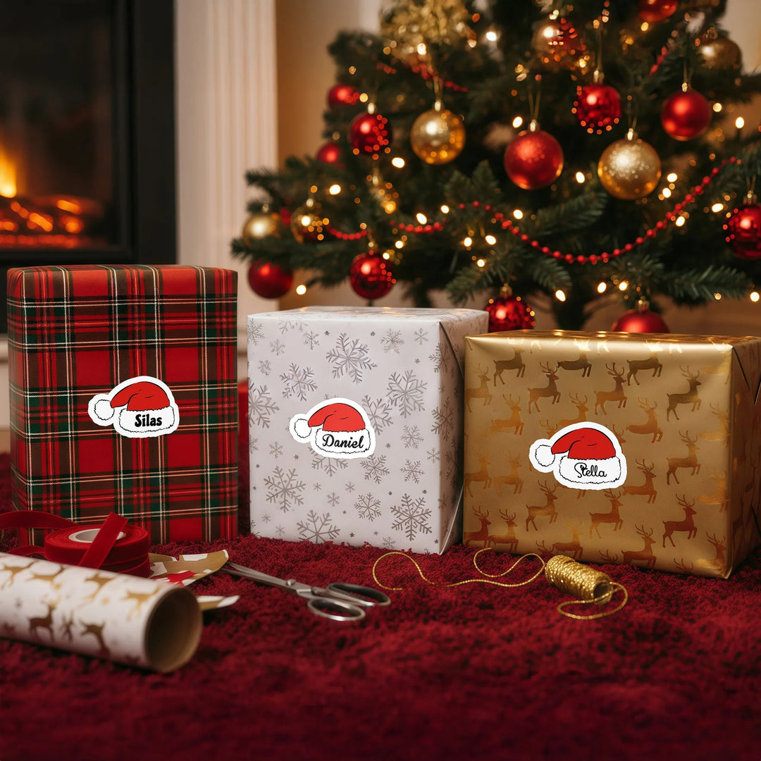 Autocollants imperméables personnalisés en forme de chapeau de Père Noël mignon avec nom, décoration cadeau de Noël