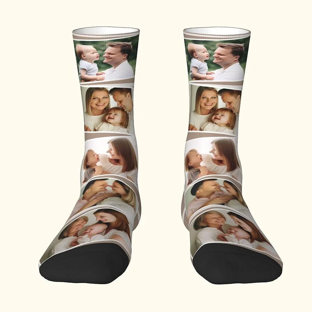 Chaussettes Personnalisées Colorées 5 Photos Collage Chaussettes à Genoux Confort Souple Respirant Noël Cadeau d'Anniversaire pour la Famille Amis