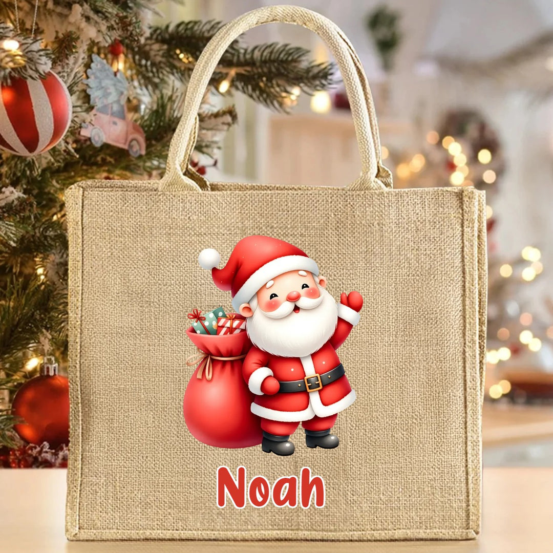 Grand sac fourre-tout en jute rouge personnalisé avec le nom du Père Noël