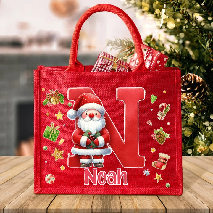 Sac cadeau réutilisable en jute rouge, motif pingouin, renne et bonhomme en pain d'épices, personnalisable, avec initiale et prénom, pour Noël