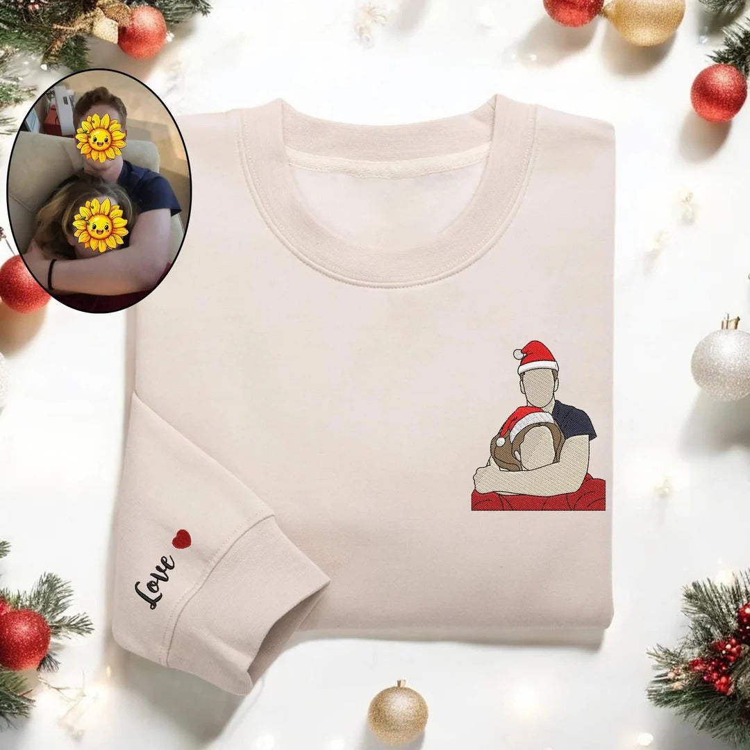 Sweat à capuche/col ras du cou personnalisé avec portrait brodé et chapeaux de Noël