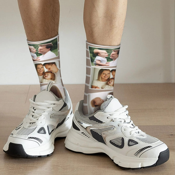 Chaussettes Personnalisées Colorées 5 Photos Collage Chaussettes à Genoux Confort Souple Respirant Noël Cadeau d'Anniversaire pour la Famille Amis