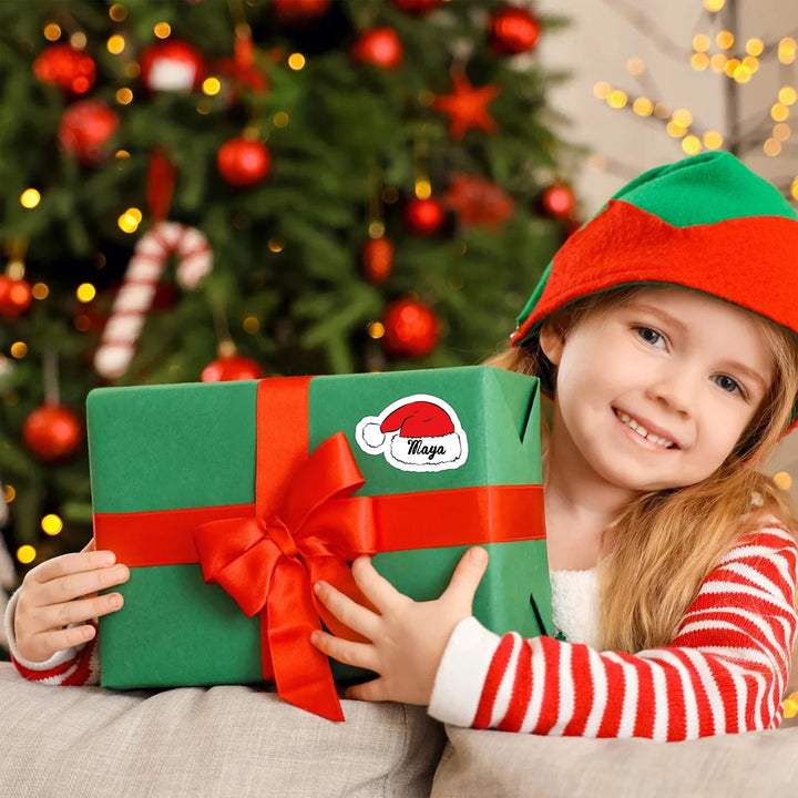 Autocollants imperméables personnalisés en forme de chapeau de Père Noël mignon avec nom, décoration cadeau de Noël