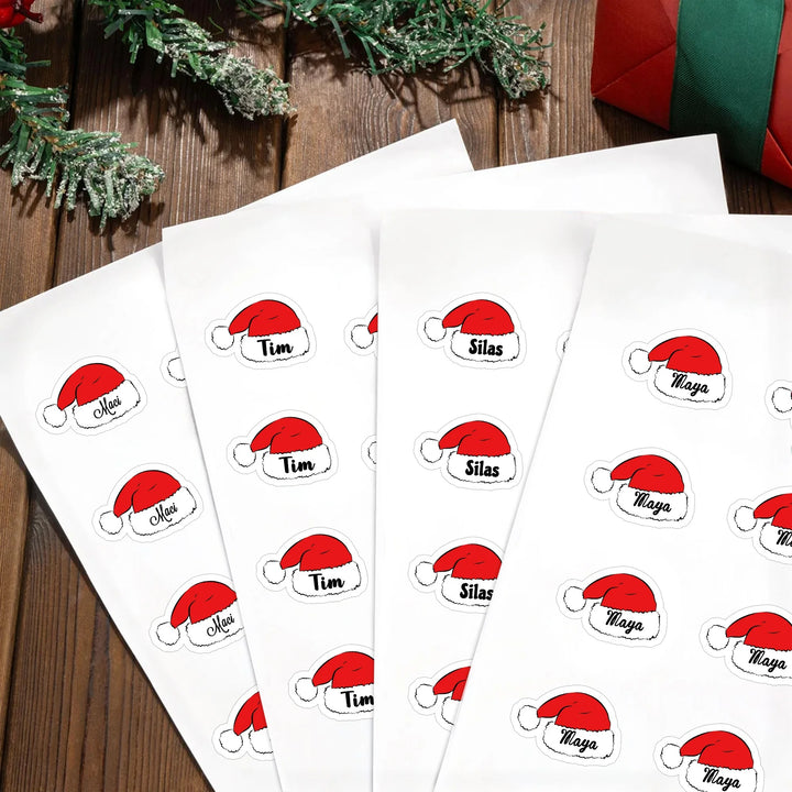 Autocollants imperméables personnalisés en forme de chapeau de Père Noël mignon avec nom, décoration cadeau de Noël