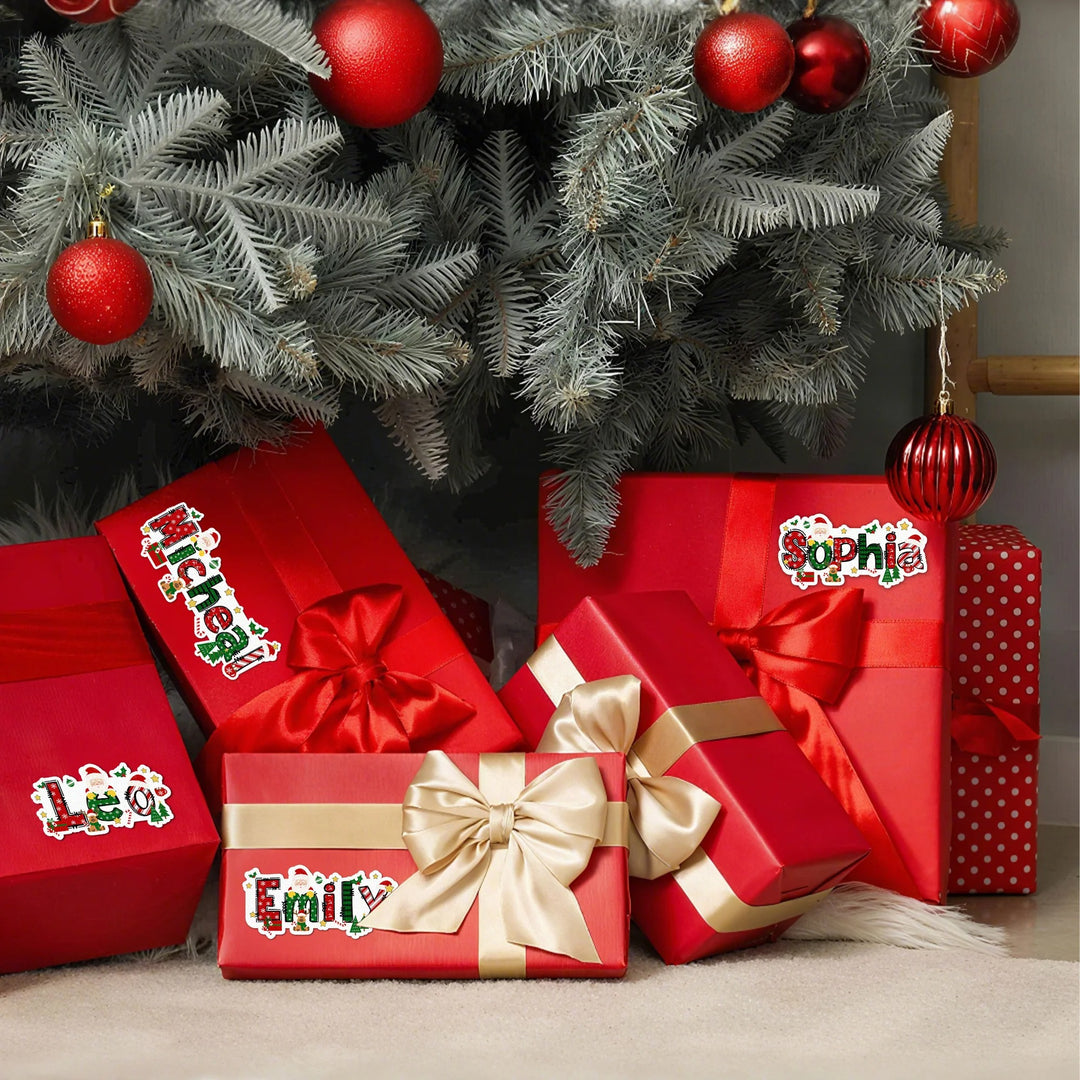 Étiquettes autocollantes imperméables personnalisées avec motif Père Noël et élan, avec nom, pour décoration de Noël