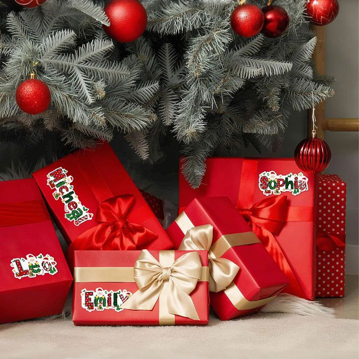 Étiquettes autocollantes imperméables personnalisées avec motif Père Noël et élan, avec nom, pour décoration de Noël