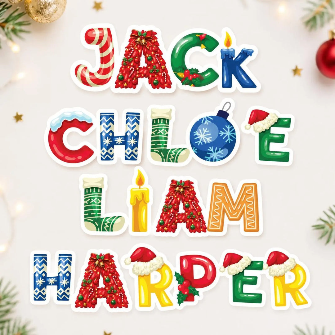 Autocollant de Noël personnalisé avec prénom – Sticker décoratif pour cadeaux et chaussettes de Noël