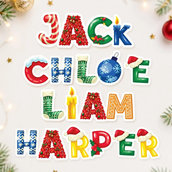 Autocollant de Noël personnalisé avec prénom – Sticker décoratif pour cadeaux et chaussettes de Noël