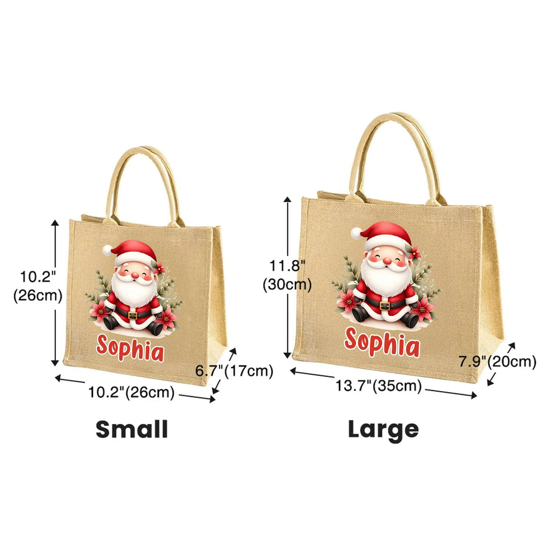 Grand sac fourre-tout en jute rouge personnalisé avec le nom du Père Noël
