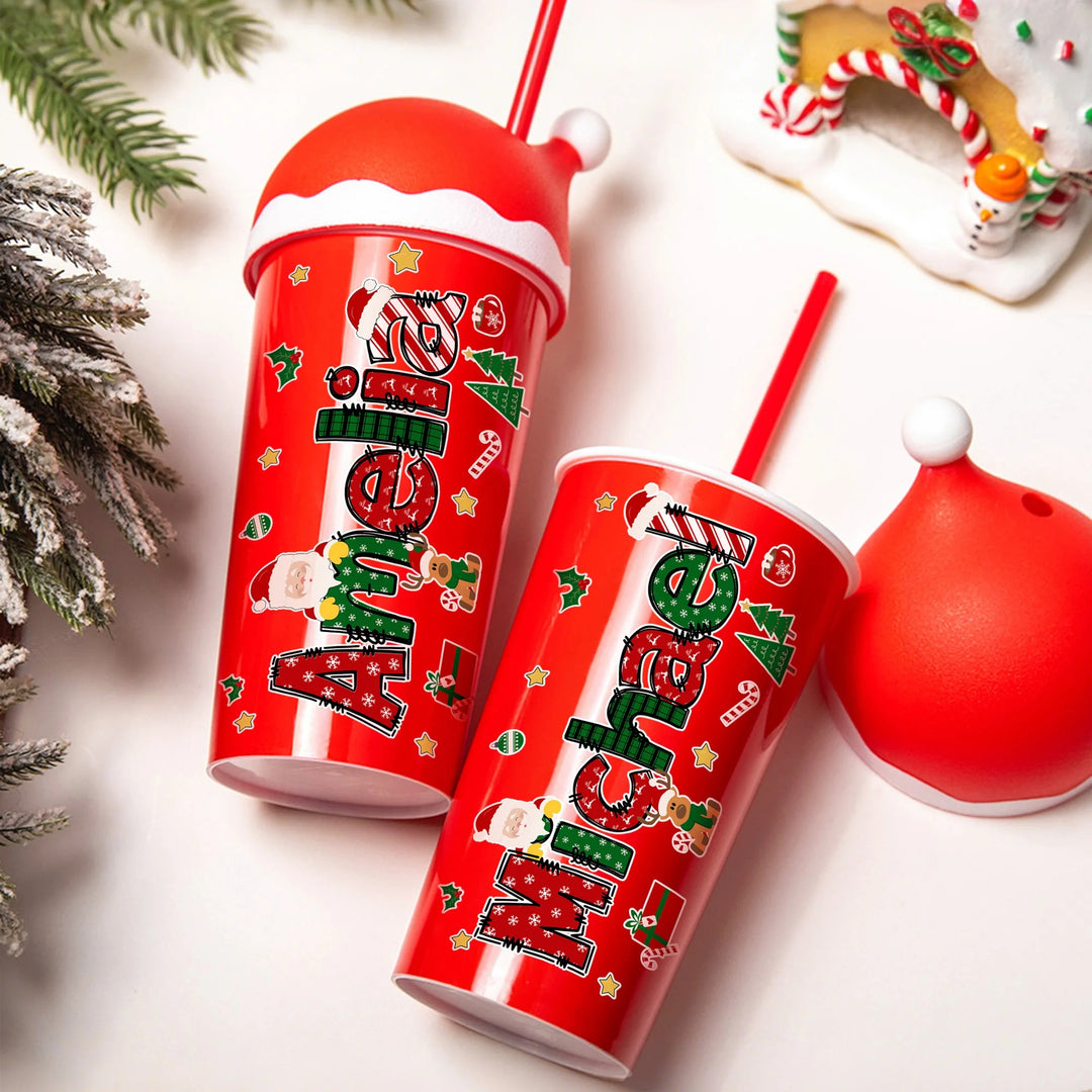 Bouteille d'eau en plastique personnalisée de 20 oz avec paille et nom, cadeau de Noël pour enfants