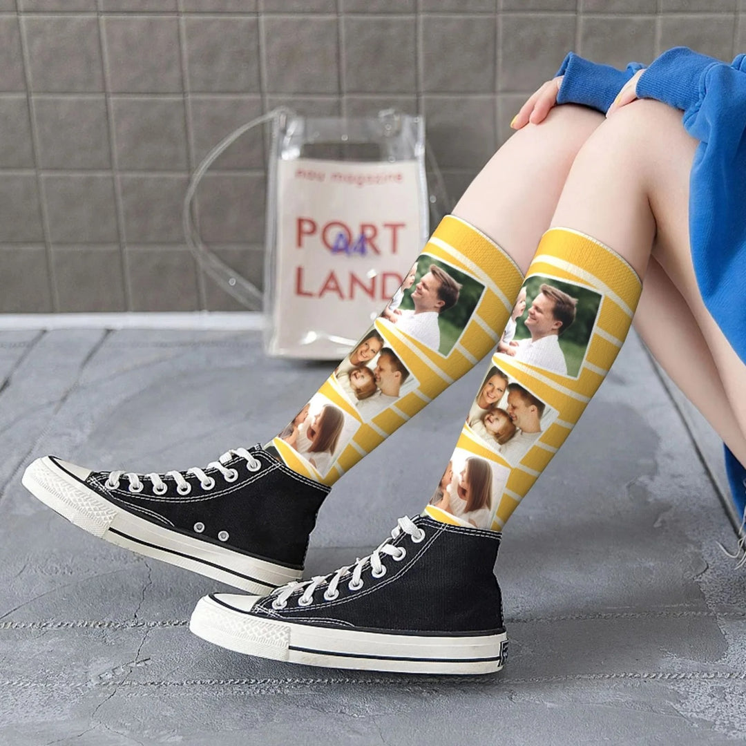 Chaussettes Personnalisées Colorées 5 Photos Collage Chaussettes à Genoux Confort Souple Respirant Noël Cadeau d'Anniversaire pour la Famille Amis