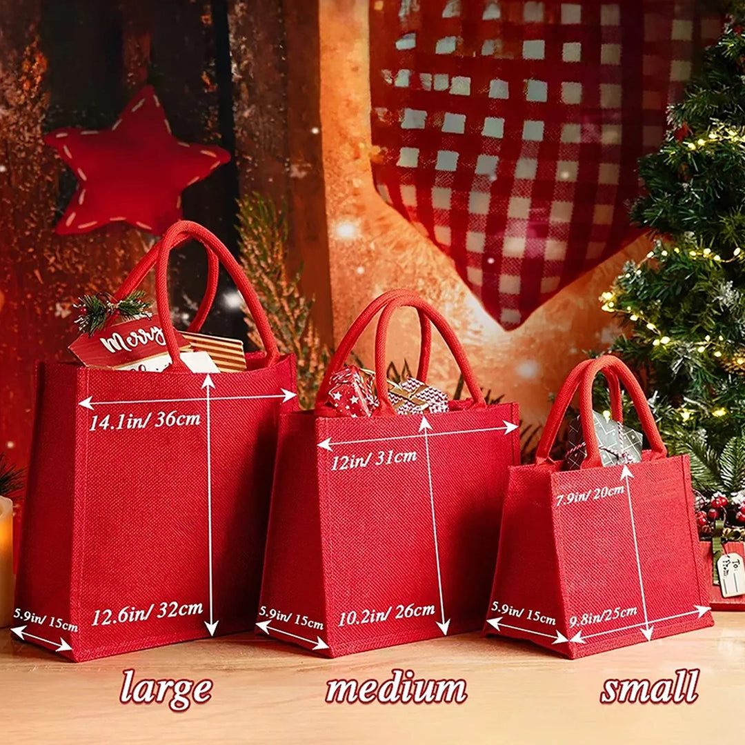 Grand sac fourre-tout en jute rouge personnalisé avec le nom du Père Noël