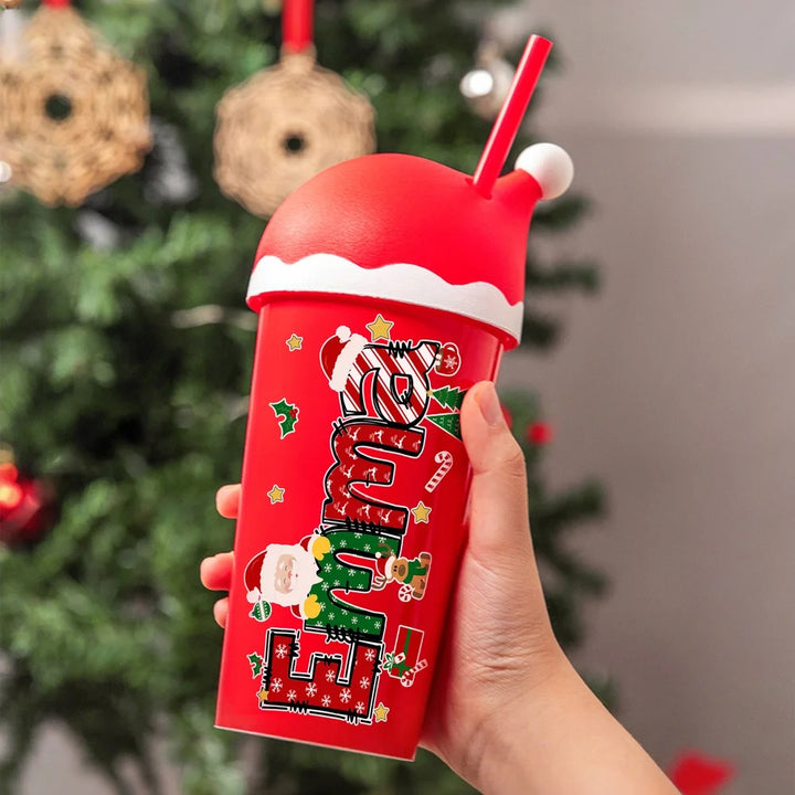 Bouteille d'eau en plastique personnalisée de 20 oz avec paille et nom, cadeau de Noël pour enfants