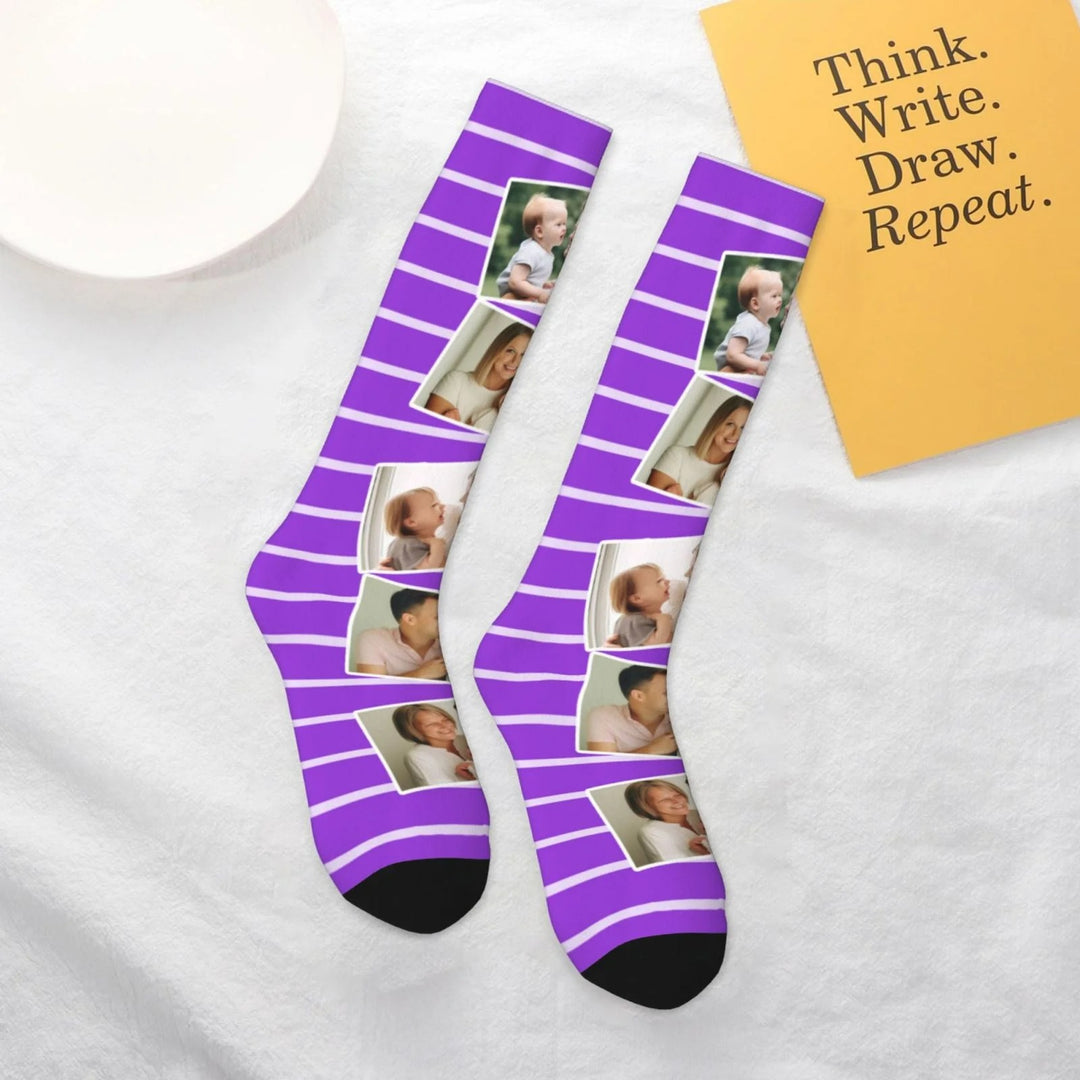 Chaussettes Personnalisées Colorées 5 Photos Collage Chaussettes à Genoux Confort Souple Respirant Noël Cadeau d'Anniversaire pour la Famille Amis