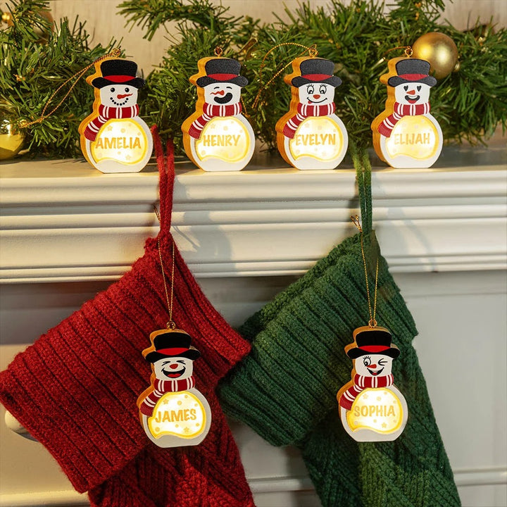 Décoration de Noël en bois personnalisée avec LED et nom, bonhomme de neige mignon, décoration de sapin de Noël