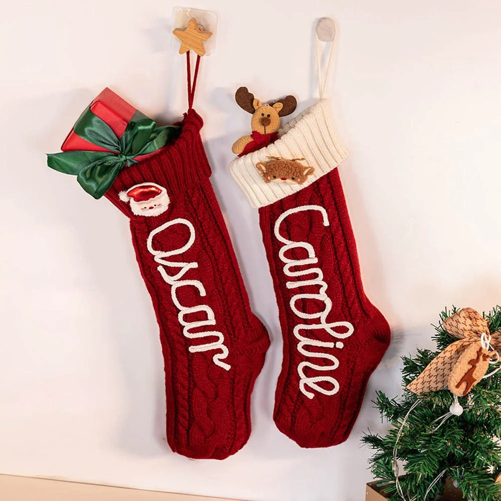 Chaussette de Noël tricotée personnalisée avec nom, bonhomme de neige, Père Noël et élan, cadeau de Noël pour la famille