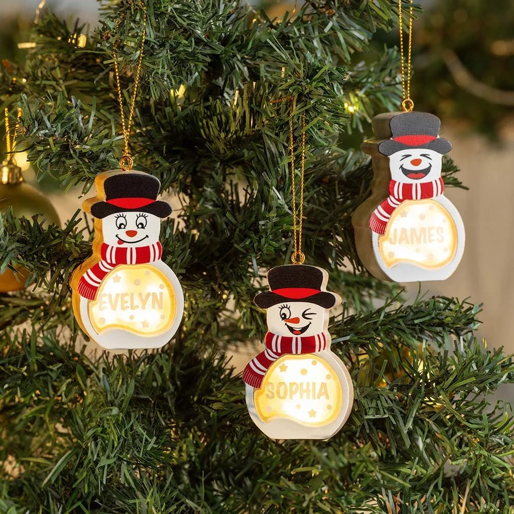 Décoration de Noël en bois personnalisée avec LED et nom, bonhomme de neige mignon, décoration de sapin de Noël