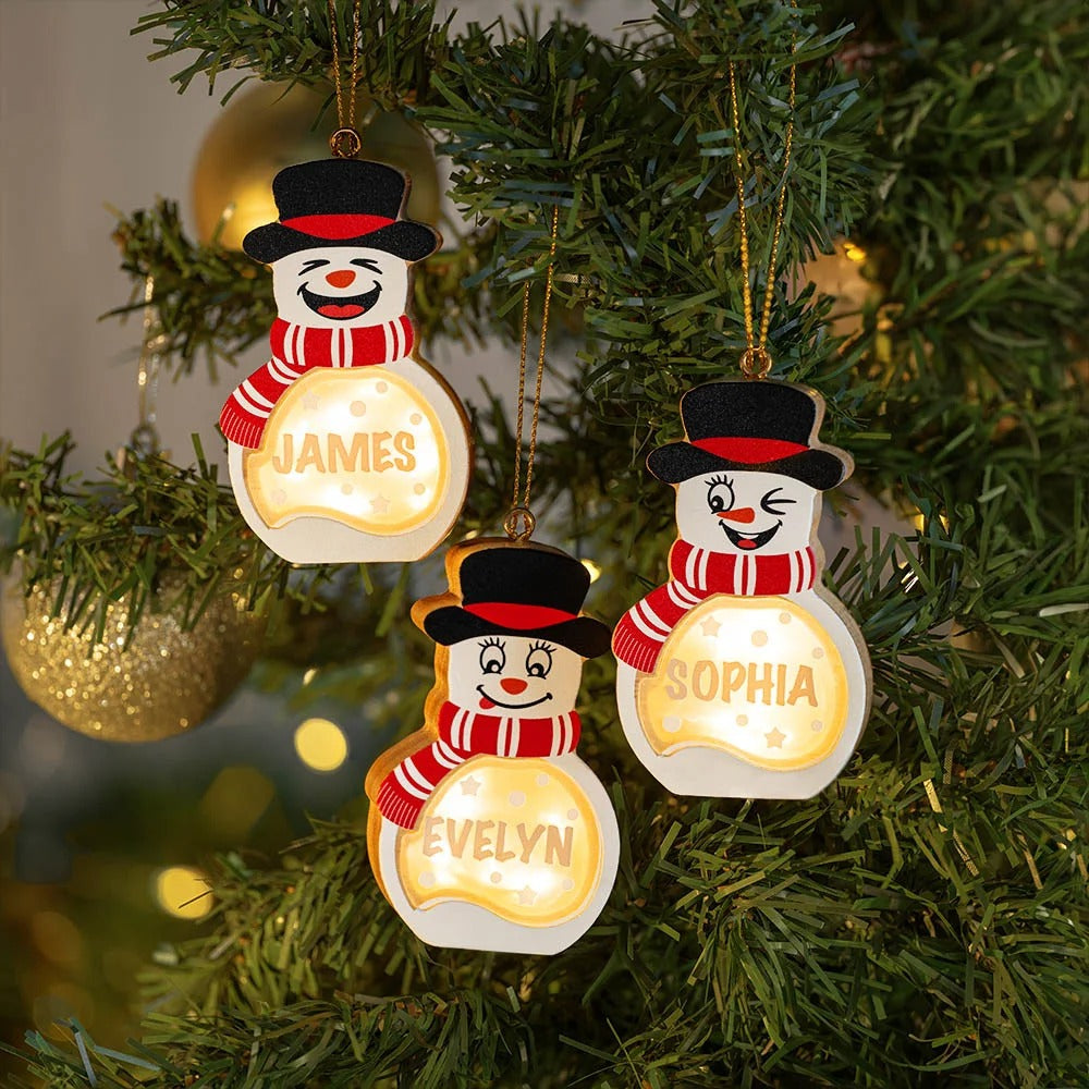 Décoration de Noël en bois personnalisée avec LED et nom, bonhomme de neige mignon, décoration de sapin de Noël