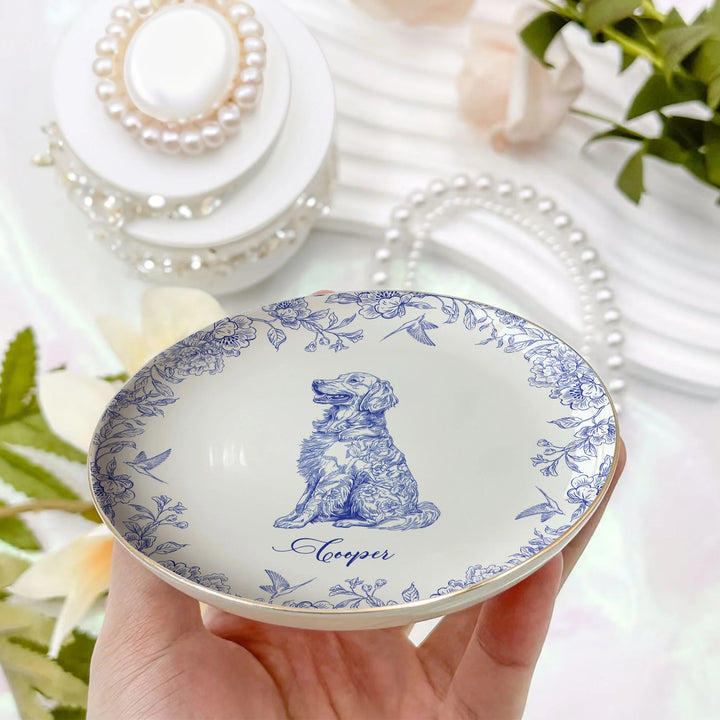 Cadeau pour amoureux des chiens, style chinoiserie toile de Jouy - Coupelle à bijoux personnalisée