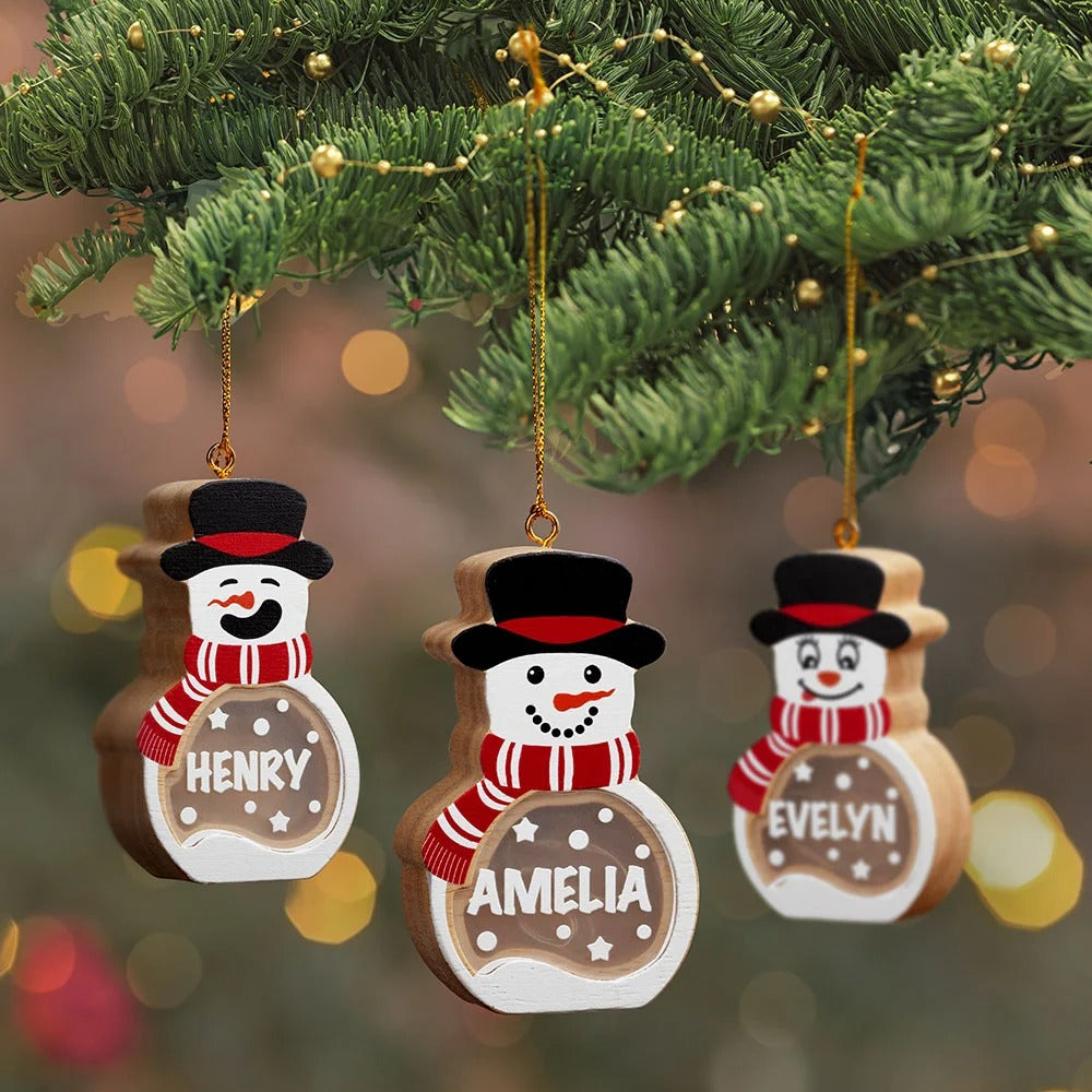 Décoration de Noël en bois personnalisée avec LED et nom, bonhomme de neige mignon, décoration de sapin de Noël