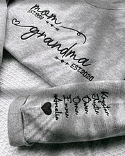 Sweat-shirt brodé personnalisé « De maman à grand-mère / De papa à grand-père » avec les noms des enfants sur les manches