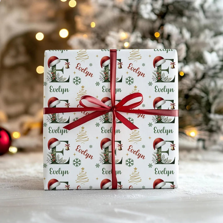 Papier d'emballage personnalisé avec initiales de Noël et nom, cadeau de Noël pour la famille et les amis