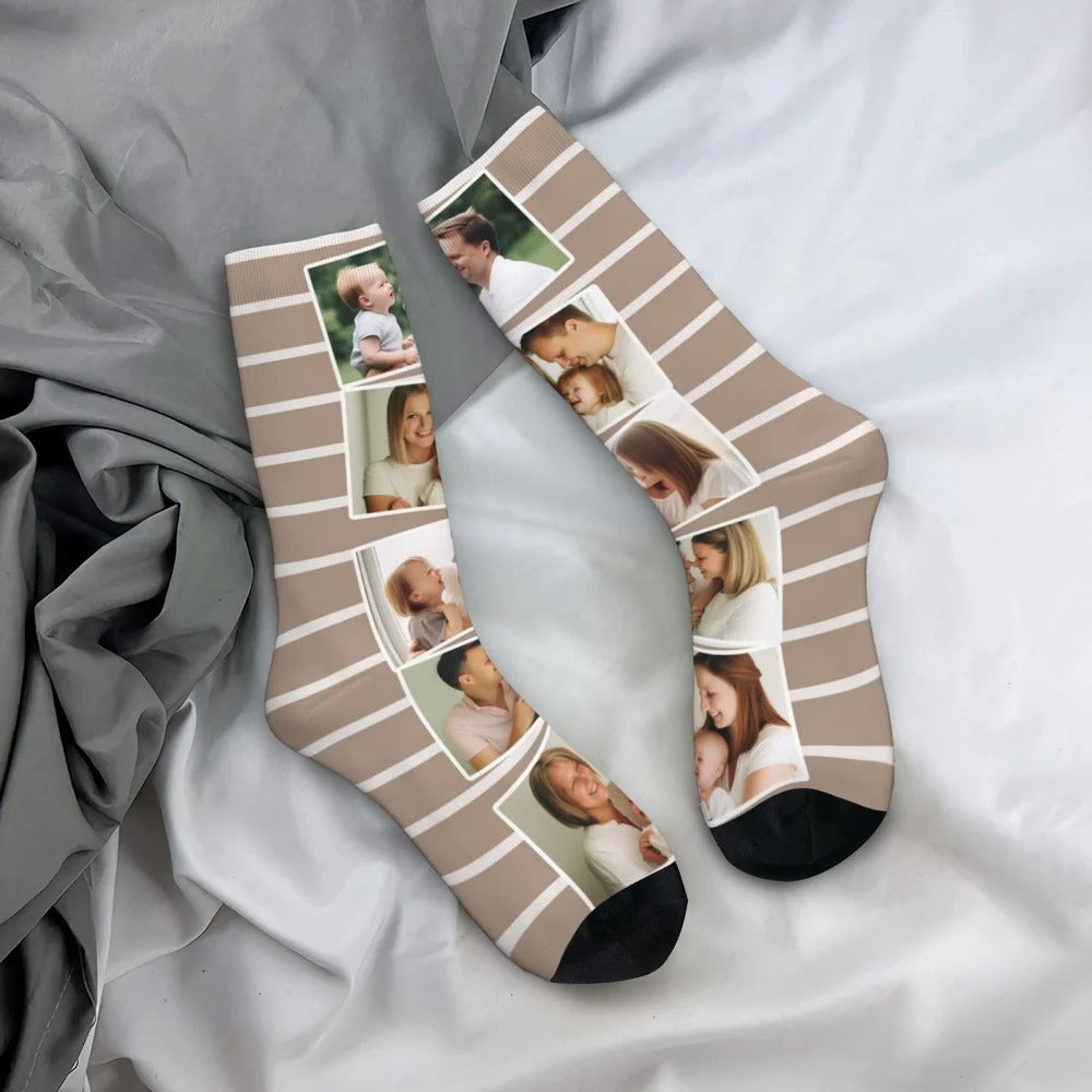 Chaussettes Personnalisées Colorées 5 Photos Collage Chaussettes à Genoux Confort Souple Respirant Noël Cadeau d'Anniversaire pour la Famille Amis