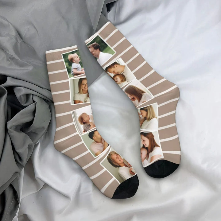 Chaussettes Personnalisées Colorées 5 Photos Collage Chaussettes à Genoux Confort Souple Respirant Noël Cadeau d'Anniversaire pour la Famille Amis