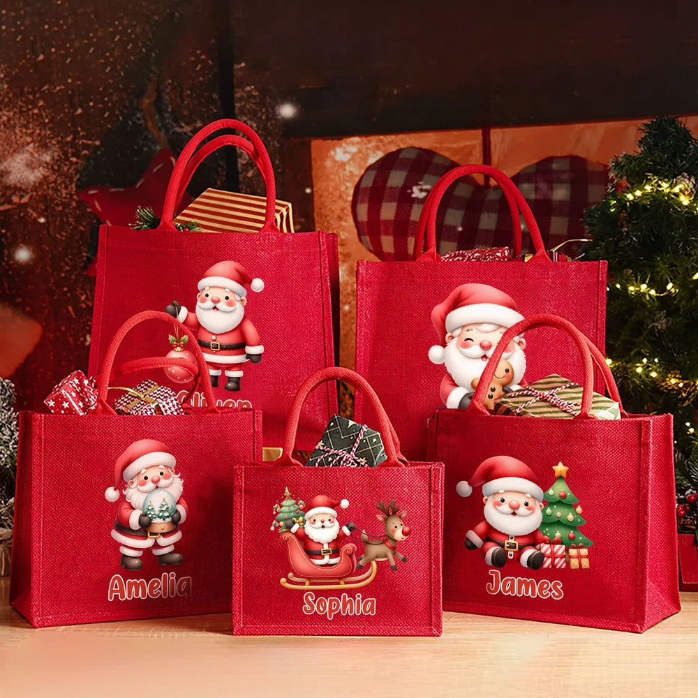 Grand sac fourre-tout en jute rouge personnalisé avec le nom du Père Noël