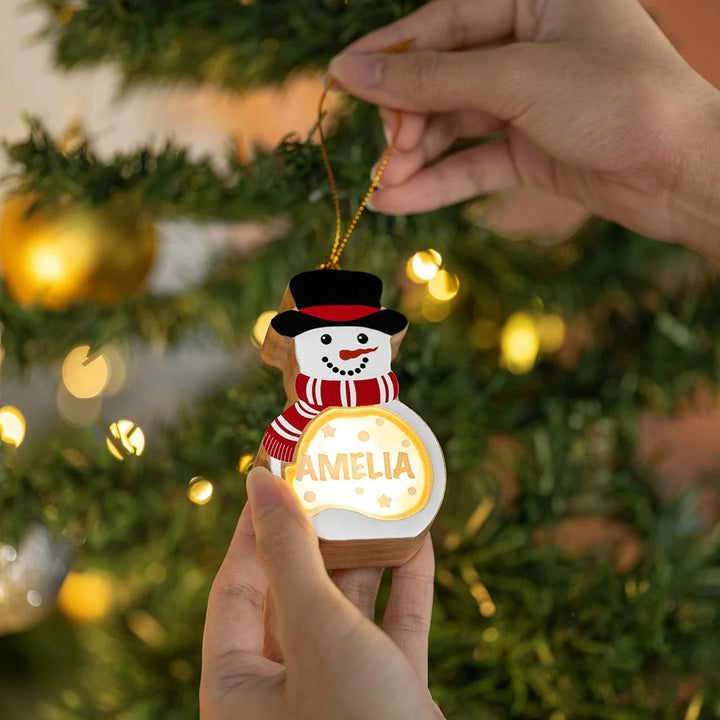 Décoration de Noël en bois personnalisée avec LED et nom, bonhomme de neige mignon, décoration de sapin de Noël