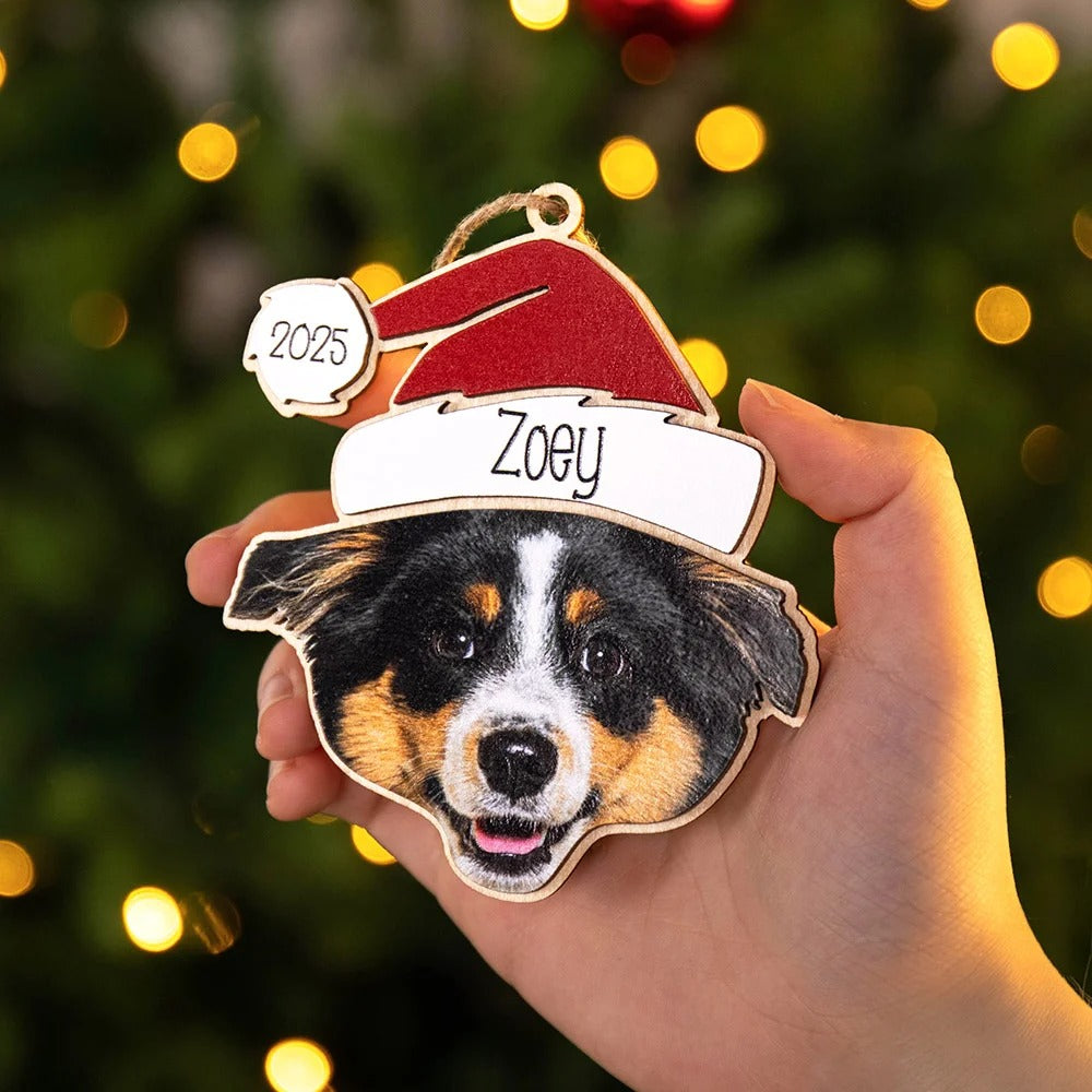 Portrait d'animal de compagnie personnalisé avec chapeau de Père Noël en bois double