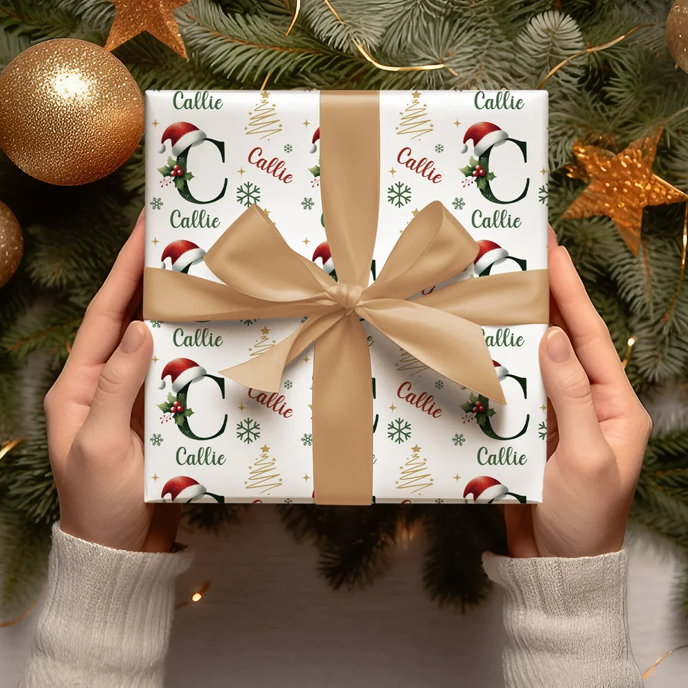 Papier d'emballage personnalisé avec initiales de Noël et nom, cadeau de Noël pour la famille et les amis